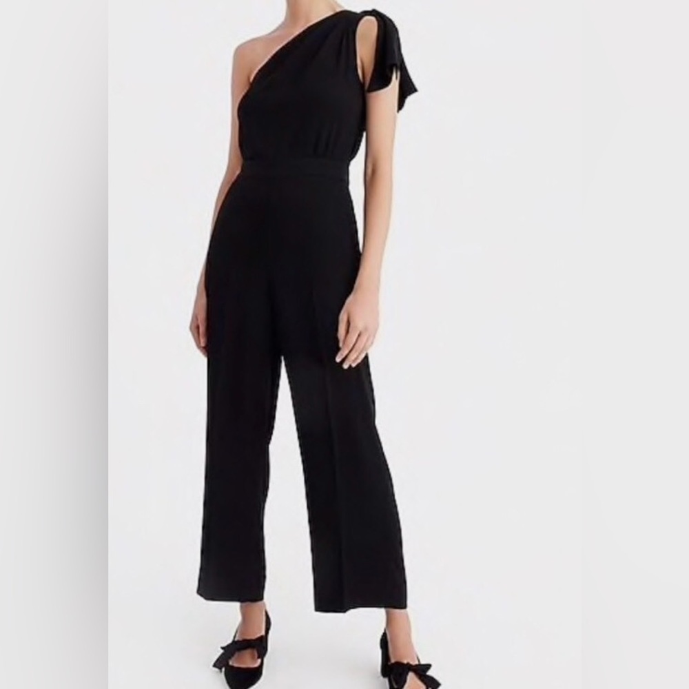 J Crew One Shoulder w/ Bow Black Ankle Jumpsuit Pockets Size 4